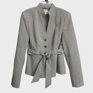 Calvin Klein Button Up Jacket Women's Sz 6 Grey Tie Belt Mock Neck Lined Preppy